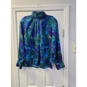 Vintage Jewel Tone Abstract Jacquard Mock Neck Blouse Blue Green 14 NWOT